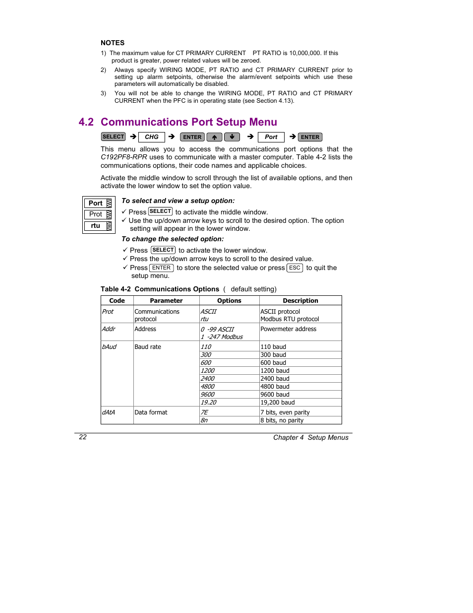 Communications port setup menu, 2 communications port setup menu | SATEC C192PF8-RPR User Manual | Page 27 / 75