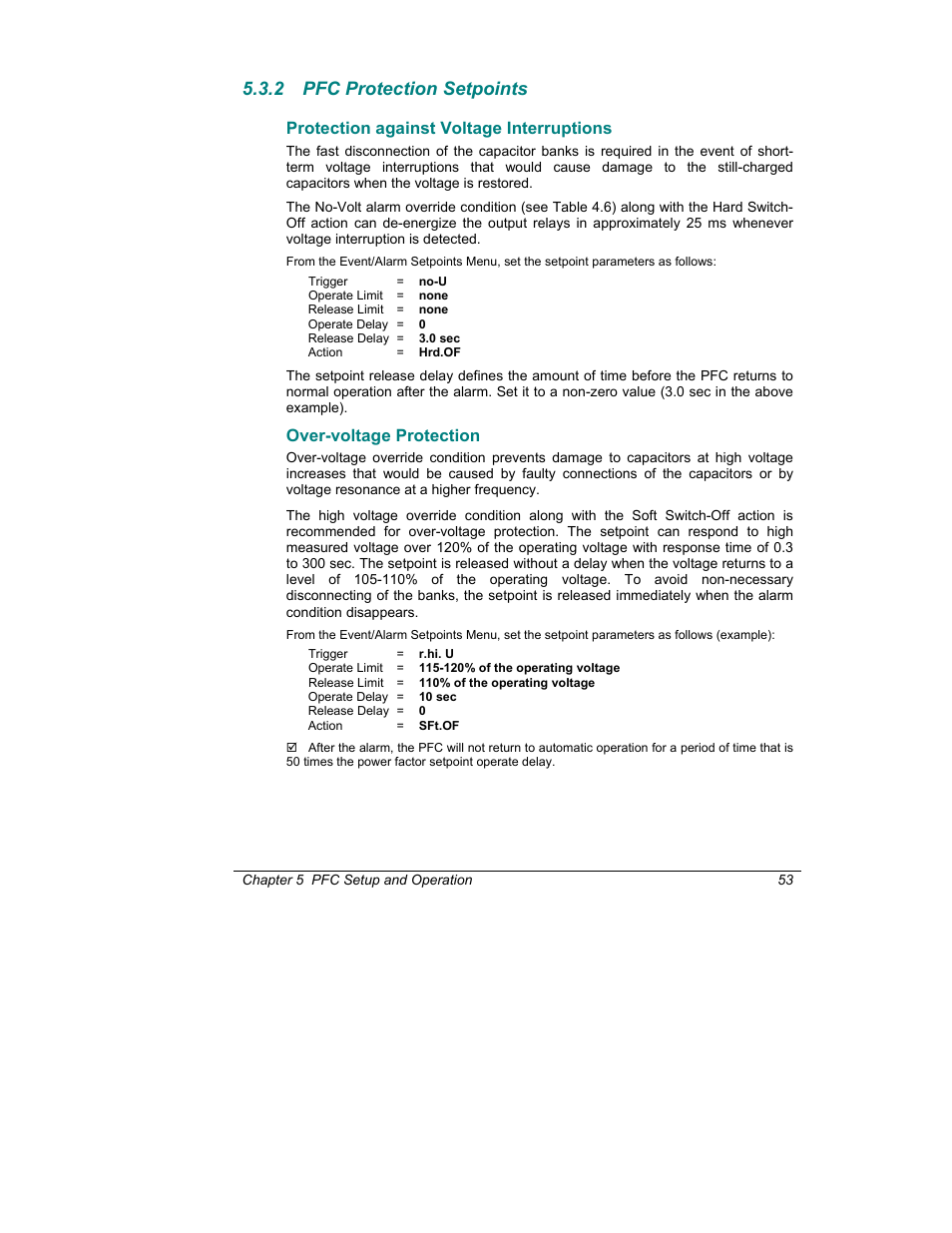 2 pfc protection setpoints, Protection against voltage interruptions, Over-voltage protection | SATEC C192PF8-RPR User Manual | Page 58 / 75