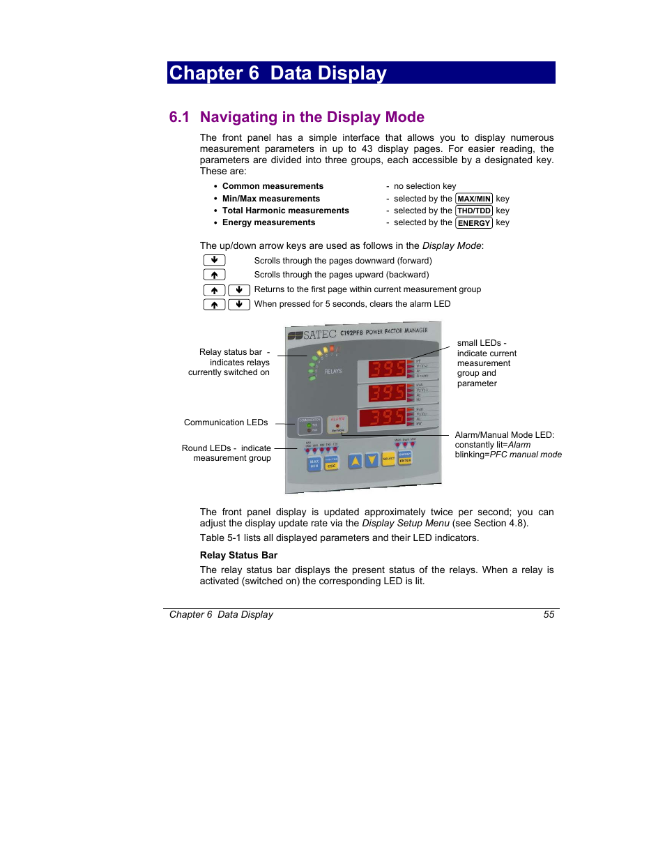 Chapter 6 data display, Navigating in the display mode, 1 navigating in the display mode | SATEC C192PF8-RPR User Manual | Page 60 / 75