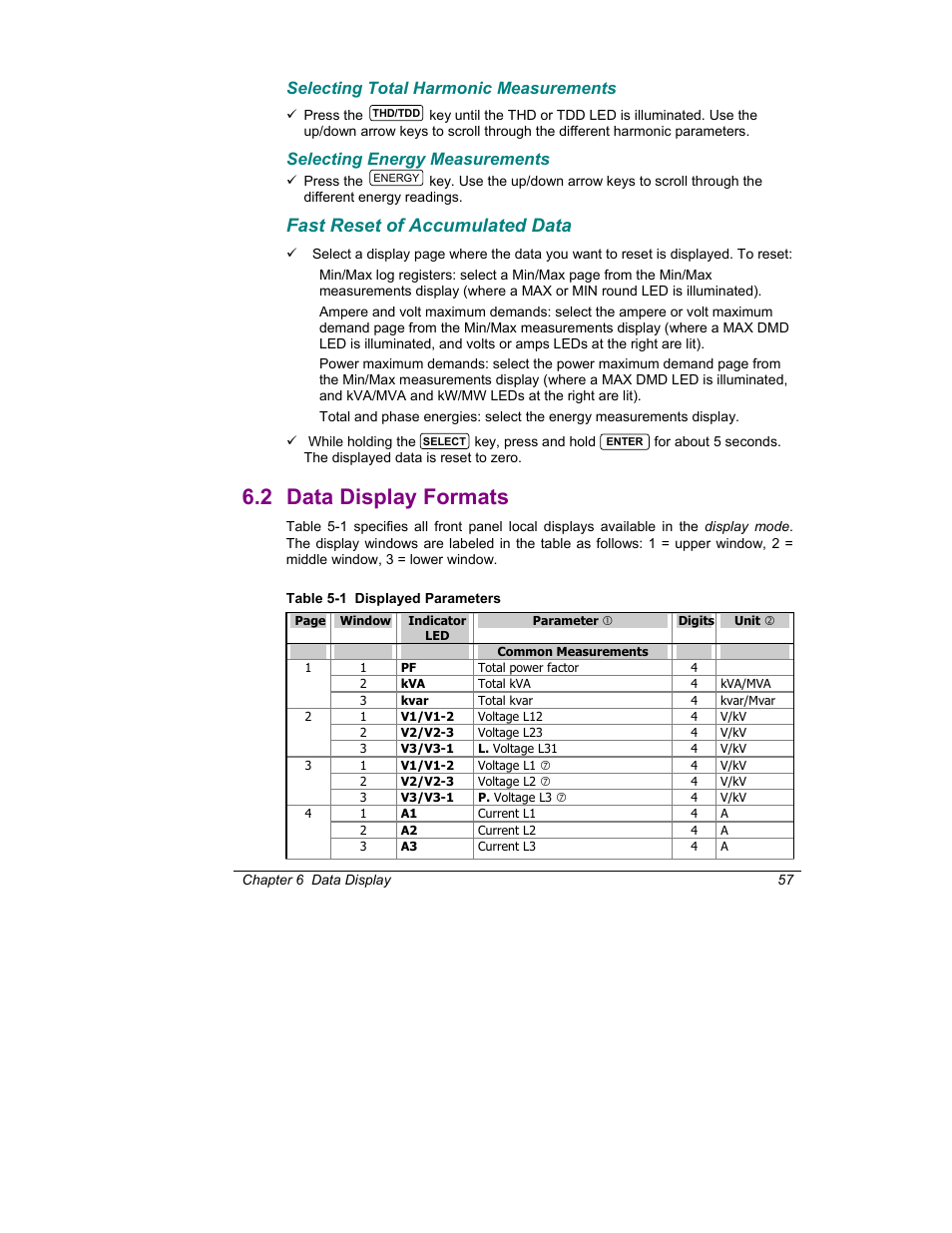 Data display formats, 2 data display formats, Fast reset of accumulated data | Selecting total harmonic measurements, Selecting energy measurements | SATEC C192PF8-RPR User Manual | Page 62 / 75