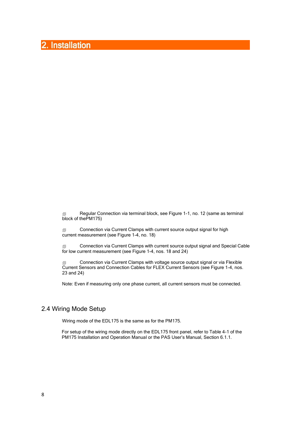 1 location, 2 connecting to the electrical network, 3 connecting voltage and current inputs | 4 wiring mode setup | SATEC EDL175 User Manual | Page 8 / 23