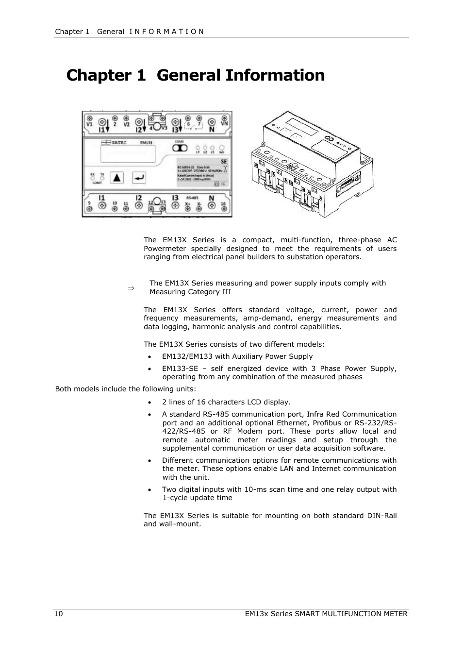 Chapter 1, General information, Features | Chapter 1 general information | SATEC EM132-133 Manual User Manual | Page 10 / 152