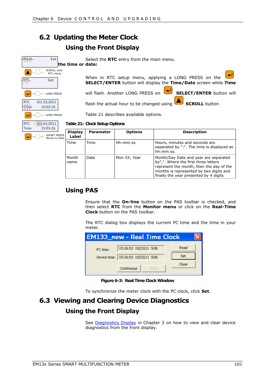 Updating the meter clock, Viewing and clearing device diagnostics, 2 updating the meter clock | 3 viewing and clearing device diagnostics, Using the front display, Using pas | SATEC EM132-133 Manual User Manual | Page 101 / 152