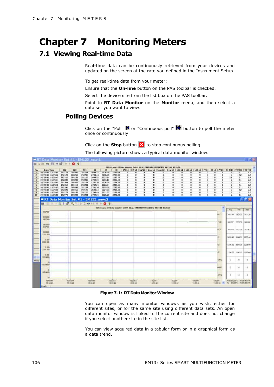 Chapter 7, Monitoring meters, Viewing real-time data | Chapter 7 monitoring meters, 1 viewing real-time data, Polling devices | SATEC EM132-133 Manual User Manual | Page 106 / 152