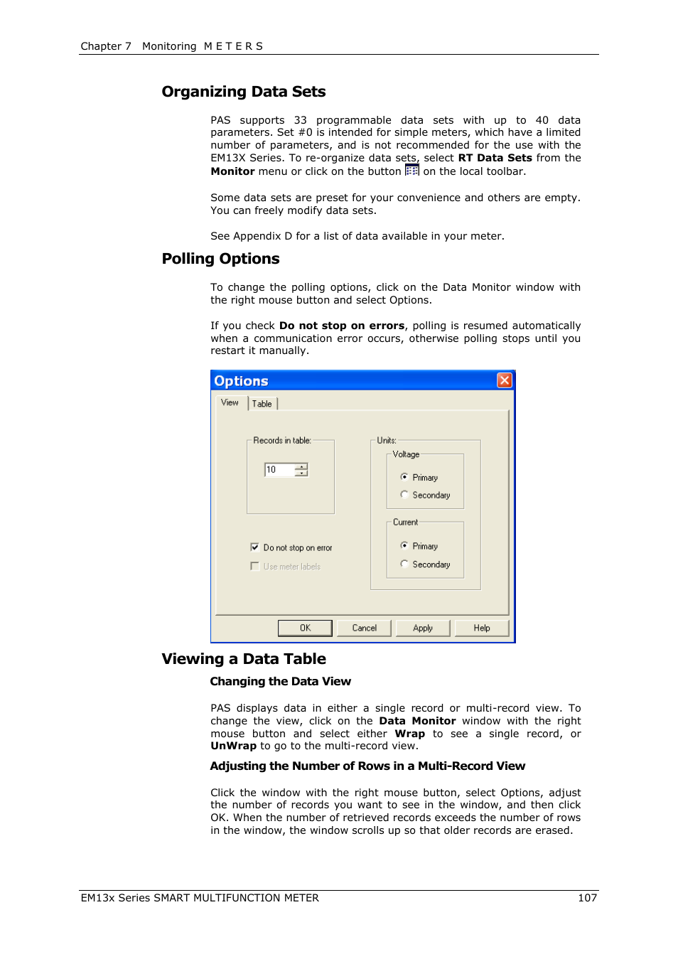 Organizing data sets, Polling options, Viewing a data table | SATEC EM132-133 Manual User Manual | Page 107 / 152