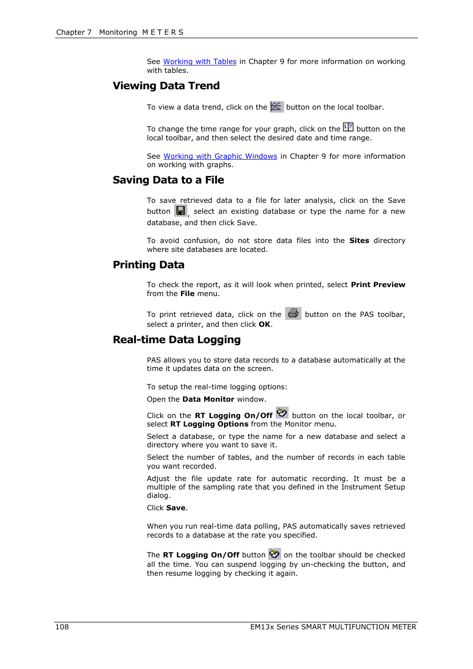 Viewing data trend, Saving data to a file, Printing data | Real-time data logging | SATEC EM132-133 Manual User Manual | Page 108 / 152