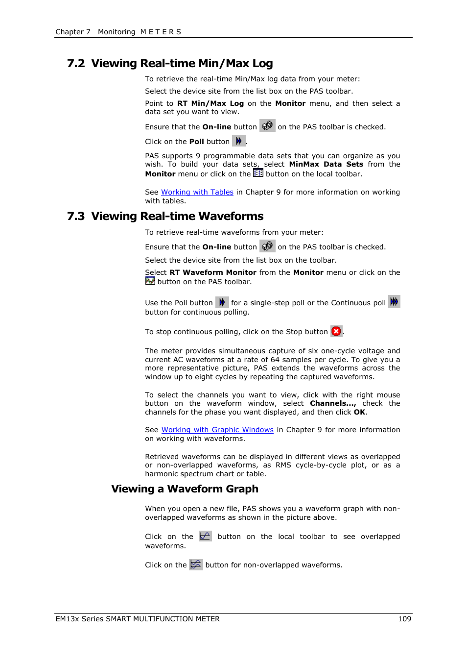 Viewing real-time min/max log, Viewing real-time waveforms, 2 viewing real-time min/max log | 3 viewing real-time waveforms, Viewing a waveform graph | SATEC EM132-133 Manual User Manual | Page 109 / 152