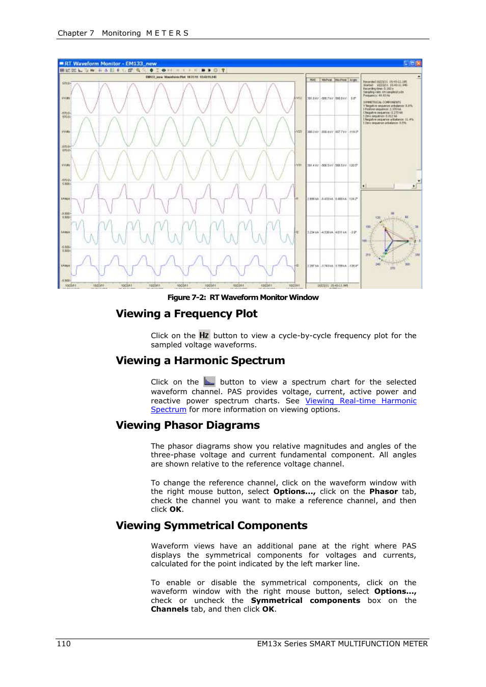Viewing a frequency plot, Viewing a harmonic spectrum, Viewing phasor diagrams | Viewing symmetrical components | SATEC EM132-133 Manual User Manual | Page 110 / 152