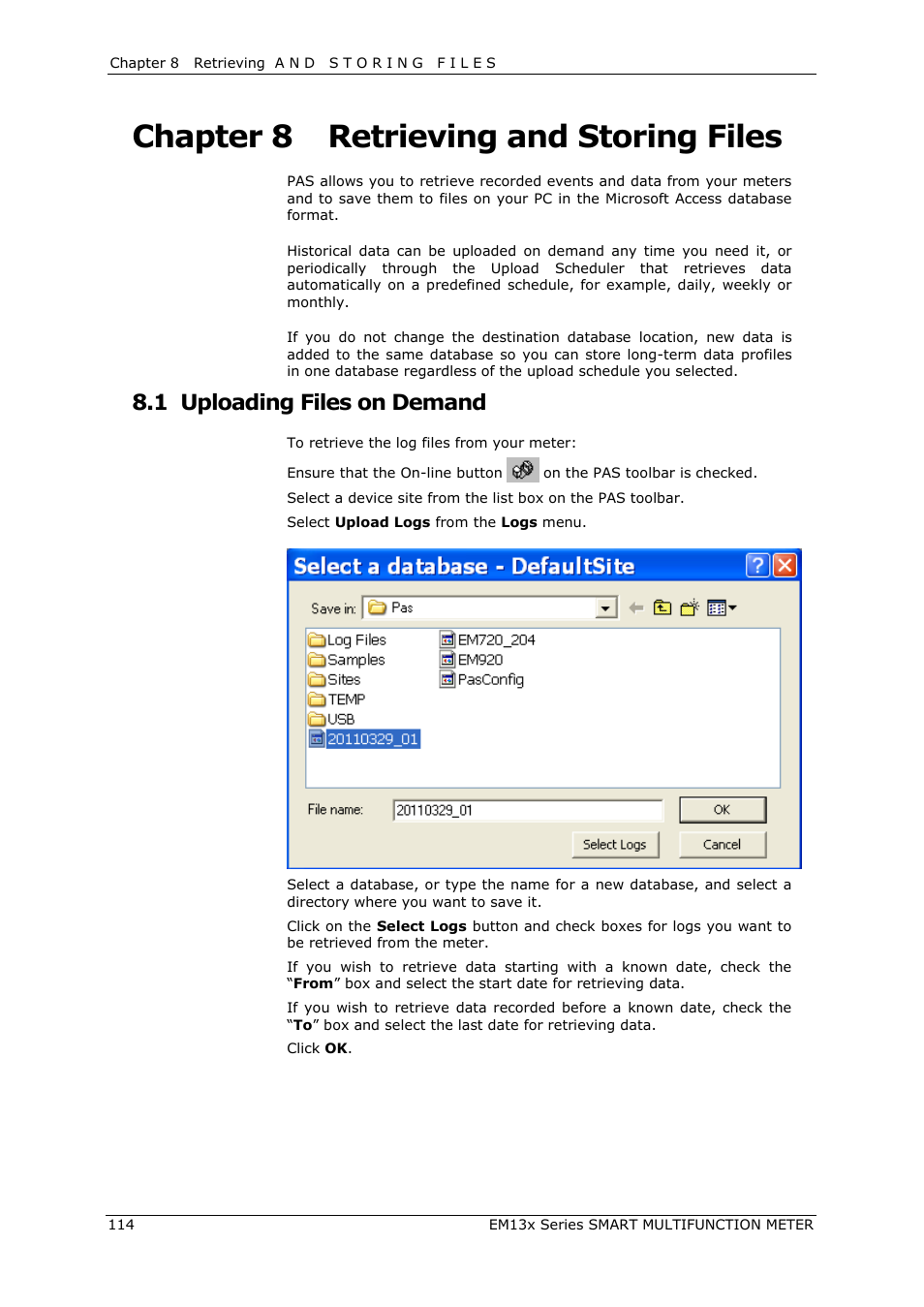 Chapter 8, Retrieving and storing files, Uploading files on demand | Chapter 8 retrieving and storing files, 1 uploading files on demand | SATEC EM132-133 Manual User Manual | Page 114 / 152
