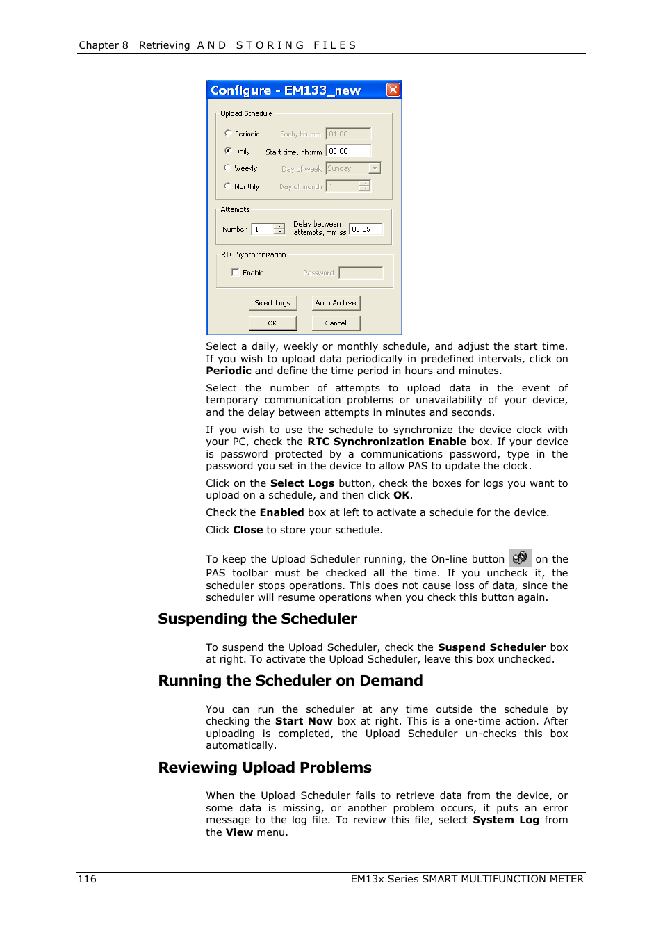 Suspending the scheduler, Running the scheduler on demand, Reviewing upload problems | SATEC EM132-133 Manual User Manual | Page 116 / 152