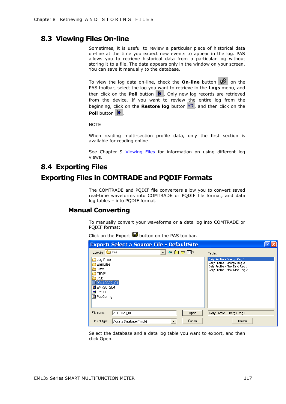 Viewing files on-line, Exporting files, Exporting files in comtrade and pqdif formats | 3 viewing files on-line, Manual converting | SATEC EM132-133 Manual User Manual | Page 117 / 152