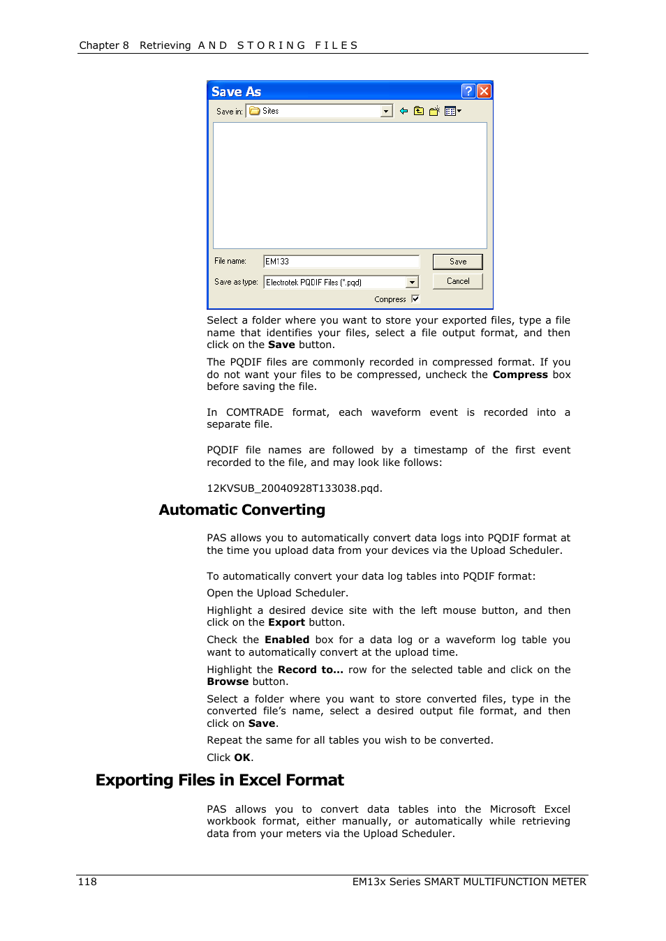 Exporting files in excel format, Automatic converting | SATEC EM132-133 Manual User Manual | Page 118 / 152