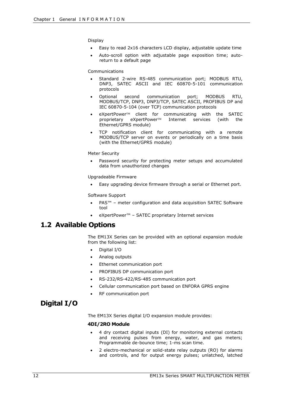 Available options, Digital i/o, 2 available options | SATEC EM132-133 Manual User Manual | Page 12 / 152