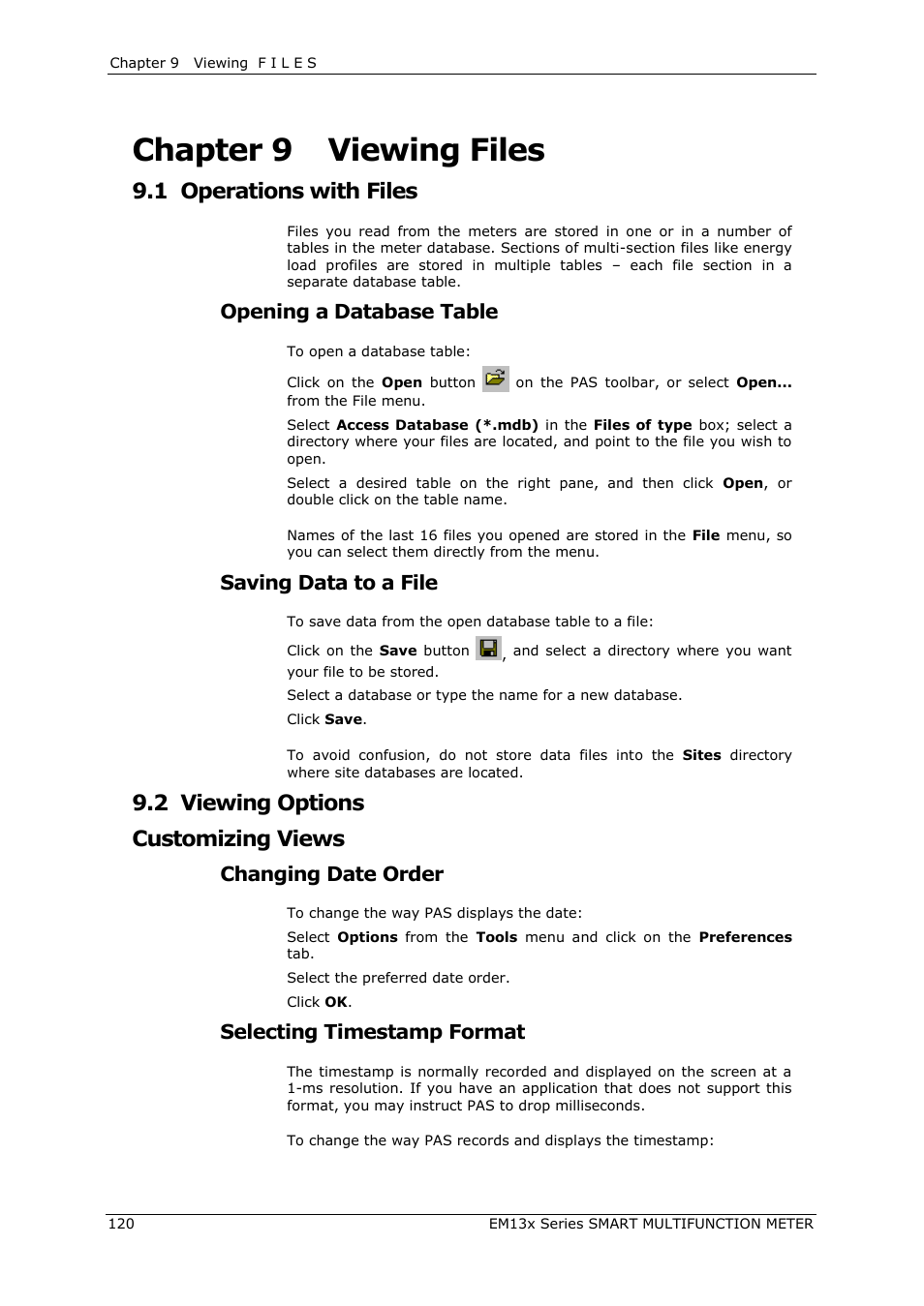 Chapter 9, Viewing files, Operations with files | Viewing options, Customizing views, Chapter 9 viewing files, 1 operations with files, 2 viewing options customizing views, Opening a database table, Saving data to a file | SATEC EM132-133 Manual User Manual | Page 120 / 152
