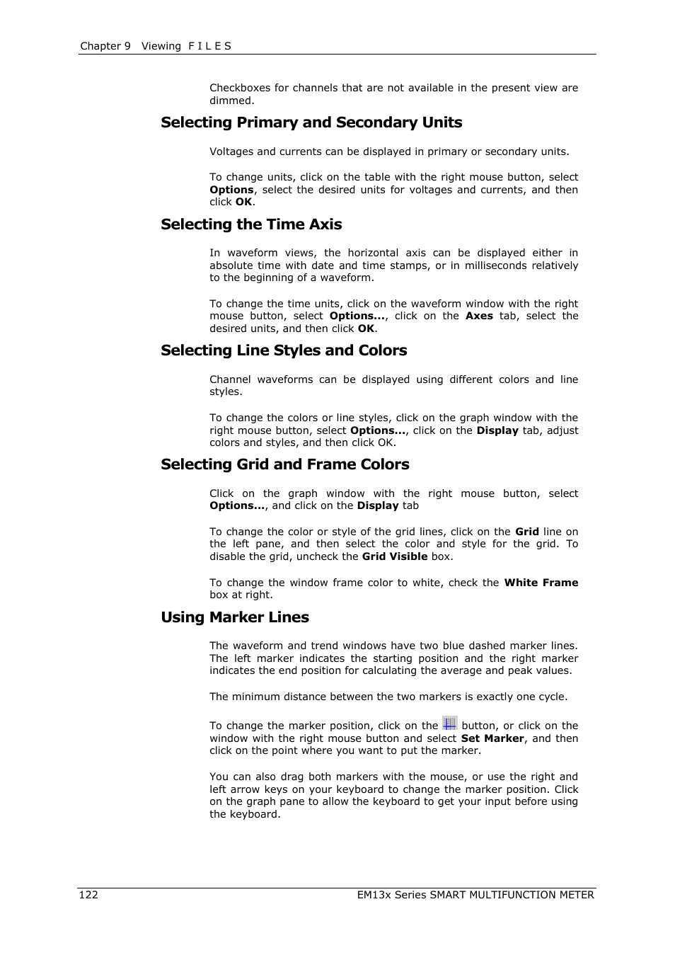 Selecting primary and secondary units, Selecting the time axis, Selecting line styles and colors | Selecting grid and frame colors, Using marker lines | SATEC EM132-133 Manual User Manual | Page 122 / 152