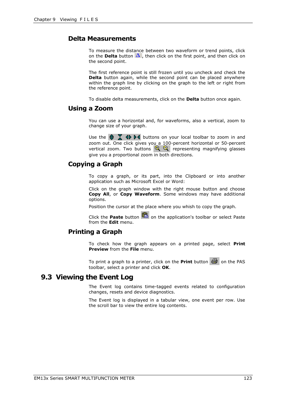 Viewing the event log, 3 viewing the event log, Delta measurements | Using a zoom, Copying a graph, Printing a graph | SATEC EM132-133 Manual User Manual | Page 123 / 152