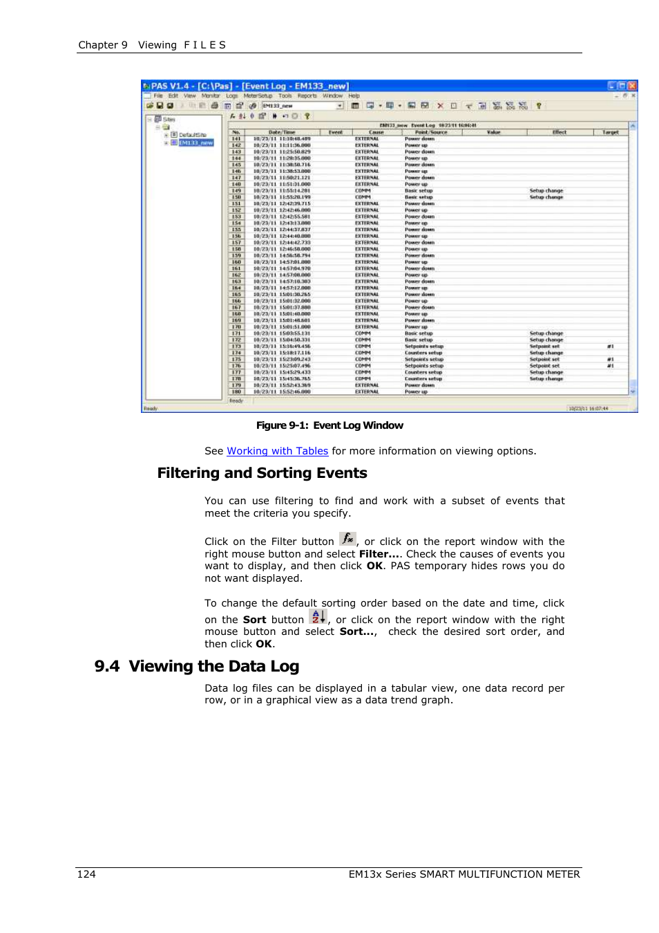 Viewing the data log, 4 viewing the data log, Filtering and sorting events | SATEC EM132-133 Manual User Manual | Page 124 / 152