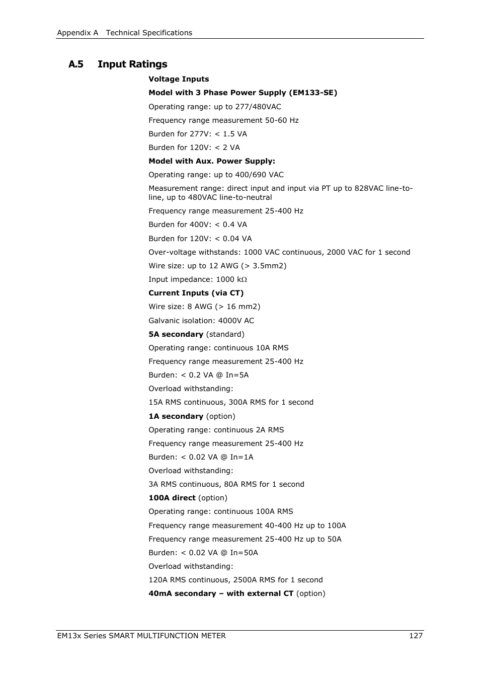 A.5 input ratings | SATEC EM132-133 Manual User Manual | Page 127 / 152