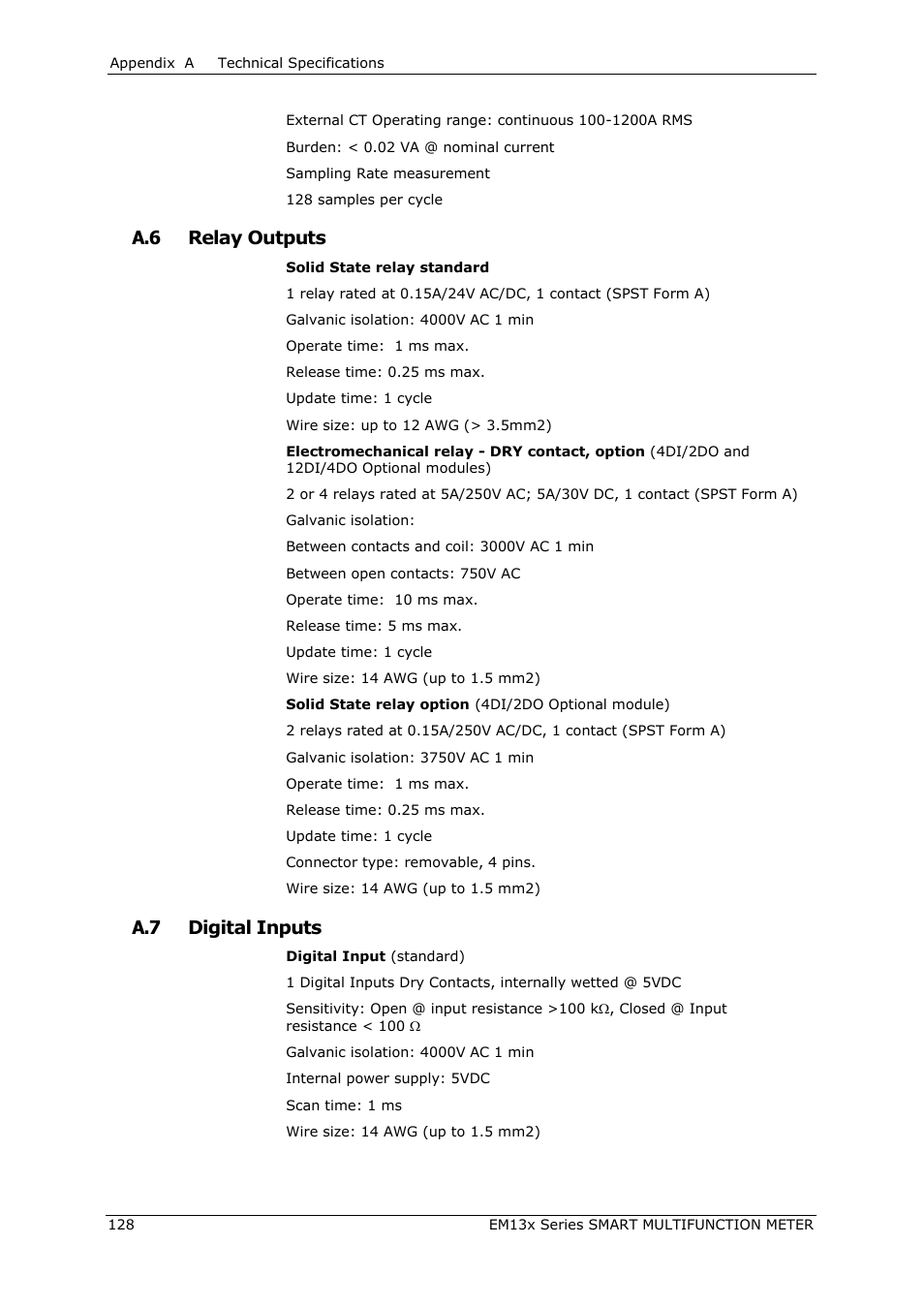 A.6 relay outputs, A.7 digital inputs | SATEC EM132-133 Manual User Manual | Page 128 / 152