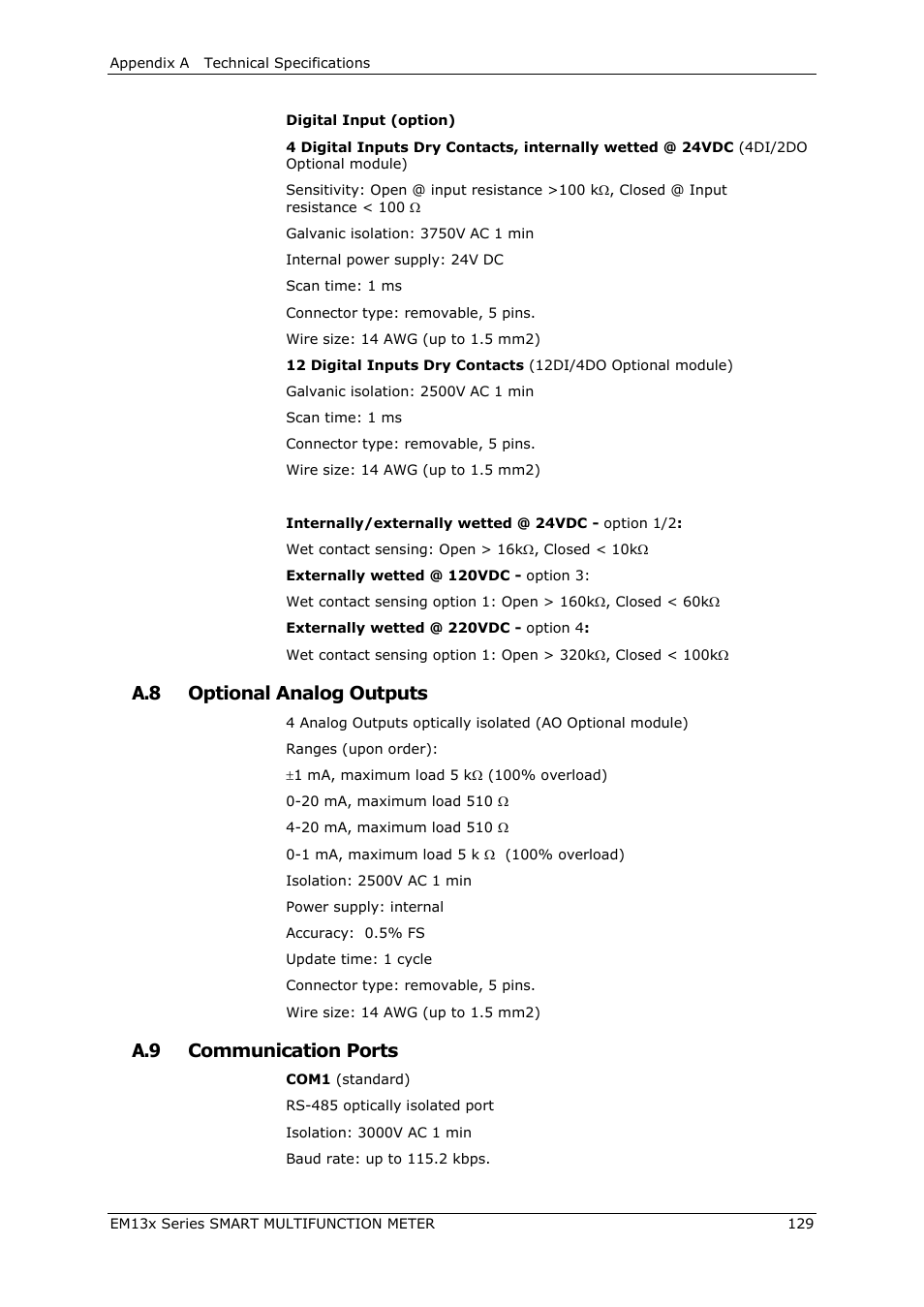 A.8 optional analog outputs, A.9 communication ports | SATEC EM132-133 Manual User Manual | Page 129 / 152
