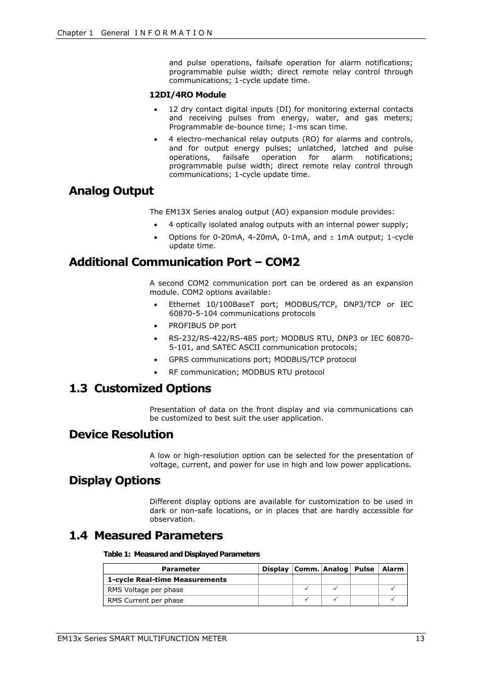 Analog output, Additional communication port – com2, Customized options | Device resolution, Display options, Measured parameters, 3 customized options, 4 measured parameters | SATEC EM132-133 Manual User Manual | Page 13 / 152