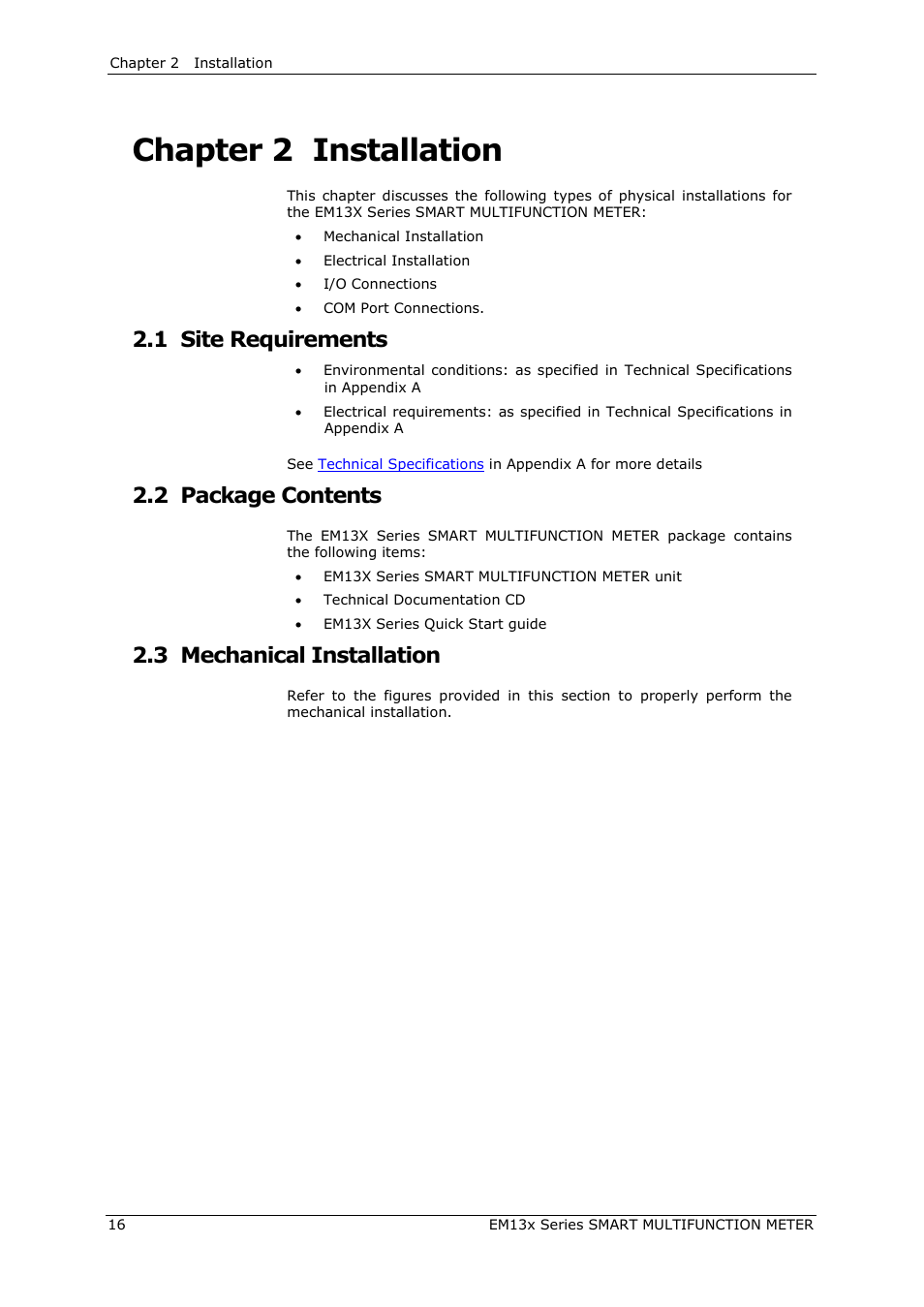 Chapter 2, Installation, Site requirements | Package contents, Mechanical installation, Chapter 2 installation, 1 site requirements, 2 package contents, 3 mechanical installation | SATEC EM132-133 Manual User Manual | Page 16 / 152