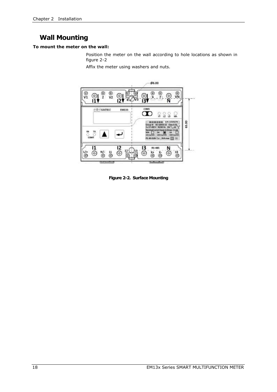 Wall mounting | SATEC EM132-133 Manual User Manual | Page 18 / 152