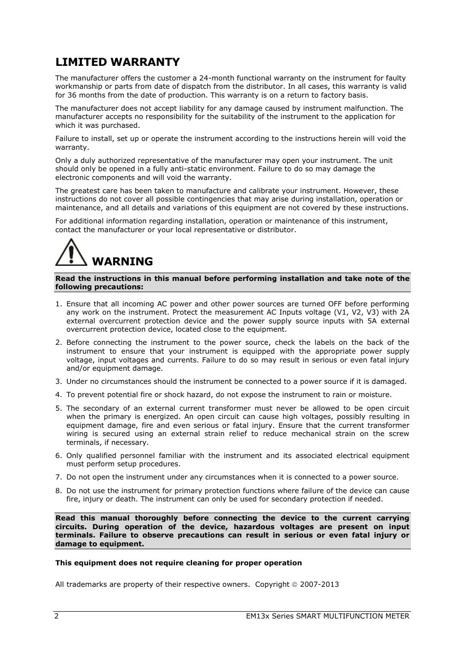 Limited warranty, Warning | SATEC EM132-133 Manual User Manual | Page 2 / 152