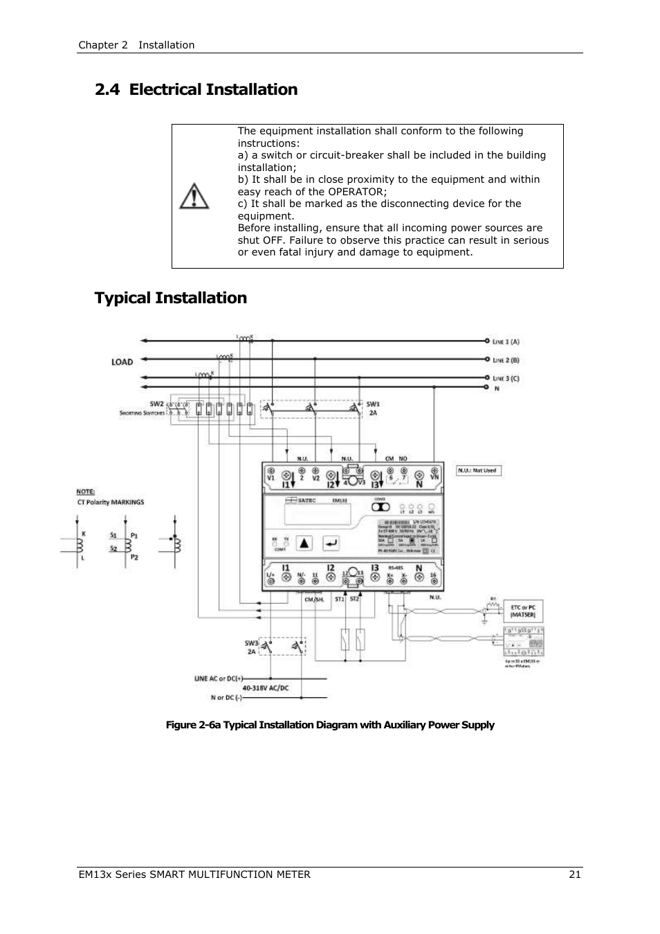 Electrical installation, Typical installation, 4 electrical installation | SATEC EM132-133 Manual User Manual | Page 21 / 152