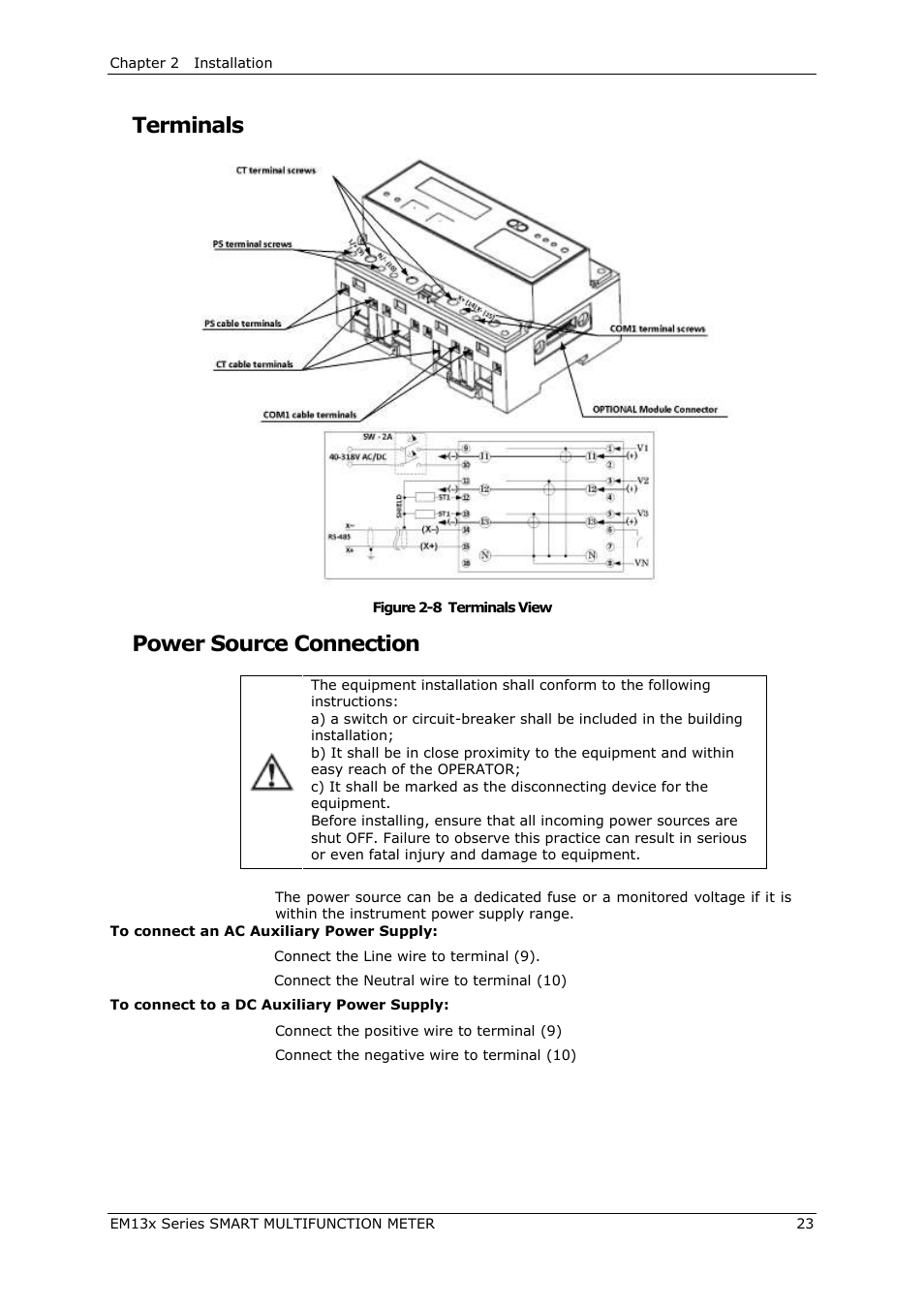 Terminals, Power source connection | SATEC EM132-133 Manual User Manual | Page 23 / 152