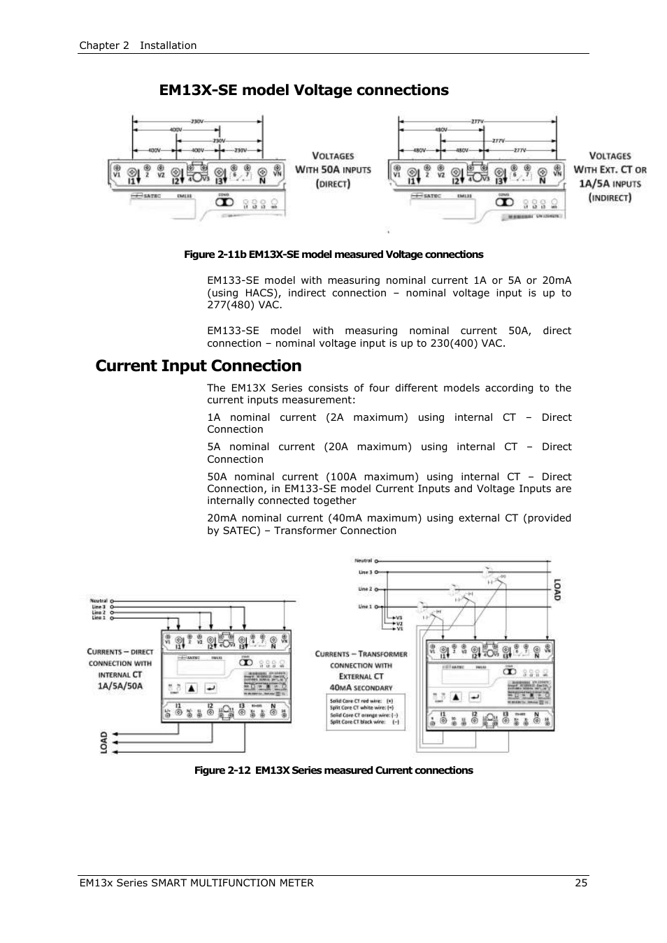 Current input connection, Em13x-se model voltage connections | SATEC EM132-133 Manual User Manual | Page 25 / 152