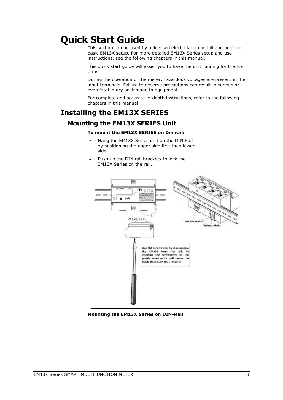 Quick start guide, Installing the em13x series, Mounting the em13x series unit | SATEC EM132-133 Manual User Manual | Page 3 / 152