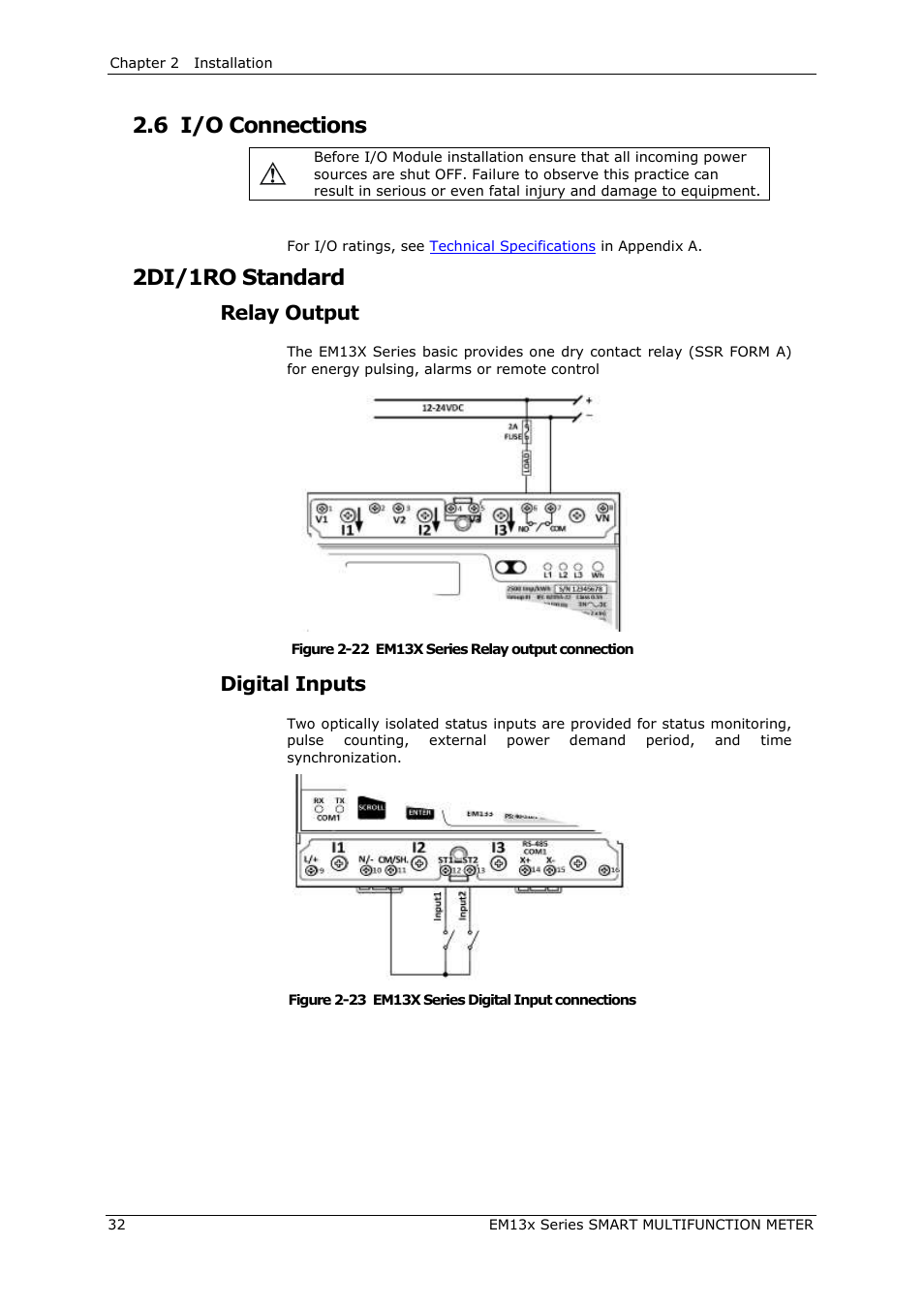 I/o connections, 2di/1ro standard, 6 i/o connections | Relay output, Digital inputs | SATEC EM132-133 Manual User Manual | Page 32 / 152