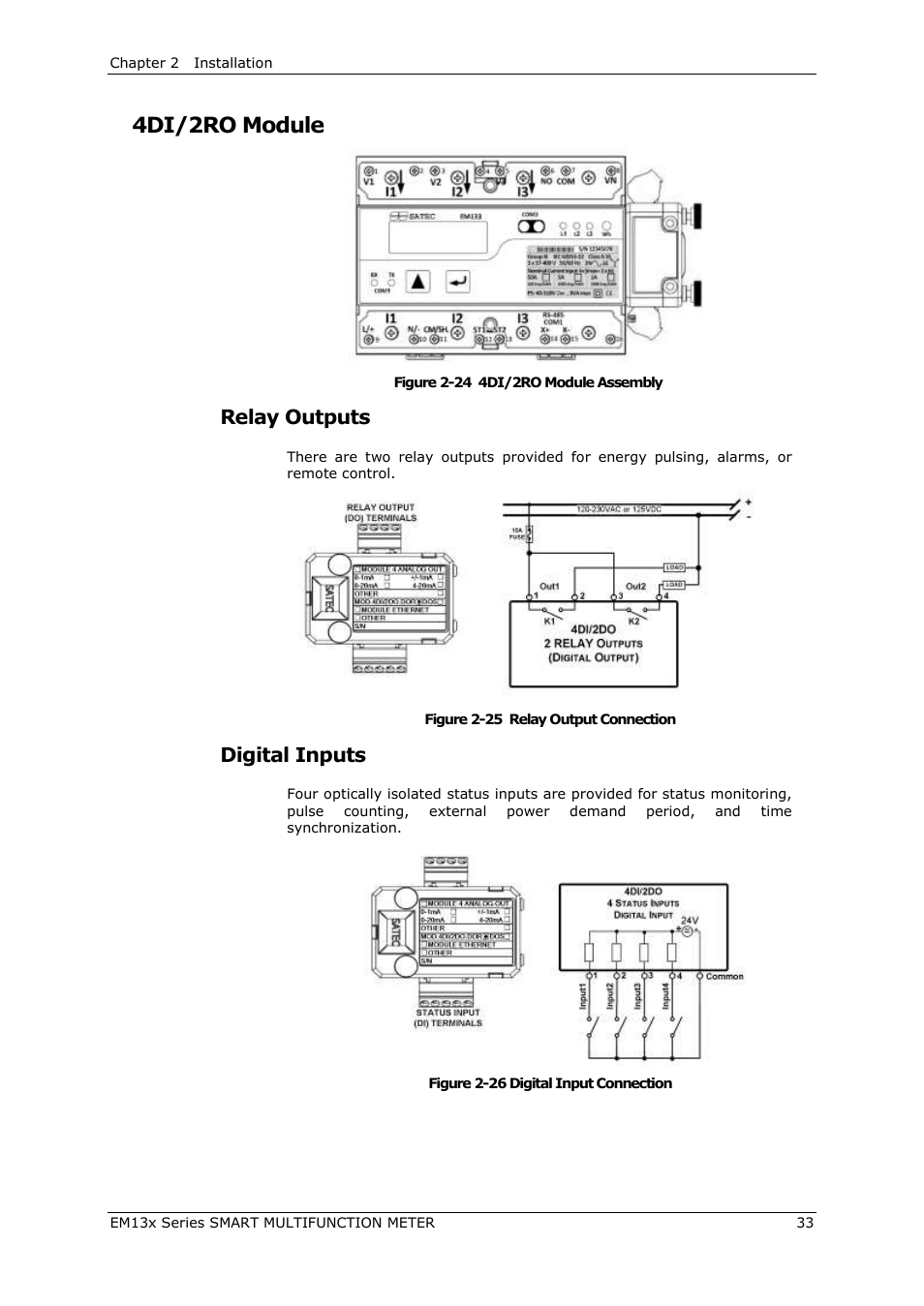 4di/2ro module, Relay outputs, Digital inputs | SATEC EM132-133 Manual User Manual | Page 33 / 152