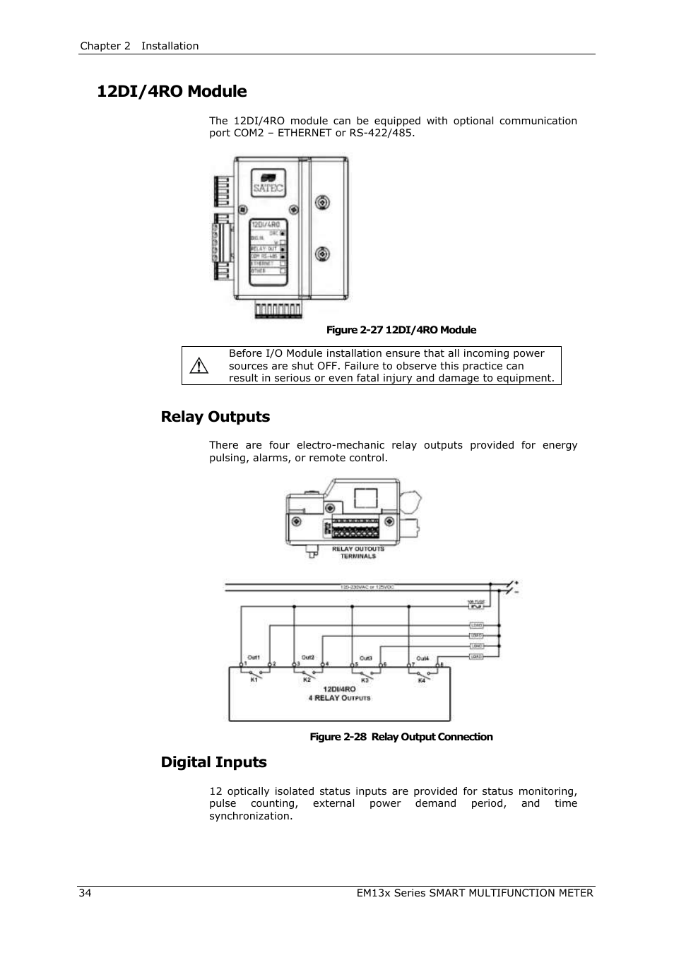 12di/4ro module, Relay outputs, Digital inputs | SATEC EM132-133 Manual User Manual | Page 34 / 152