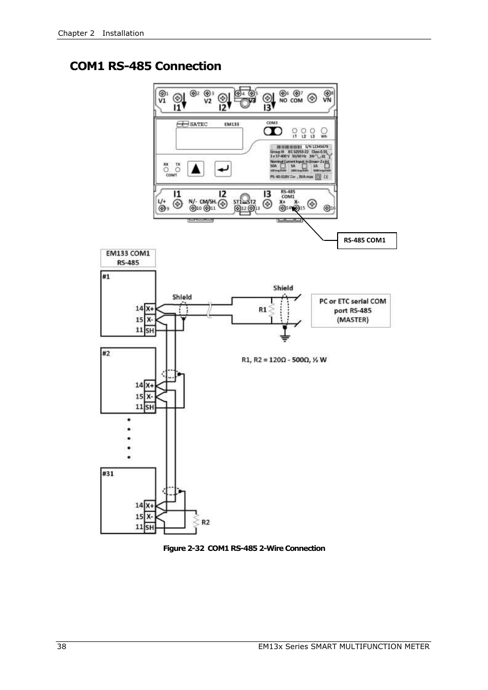 Com1 rs-485 connection | SATEC EM132-133 Manual User Manual | Page 38 / 152
