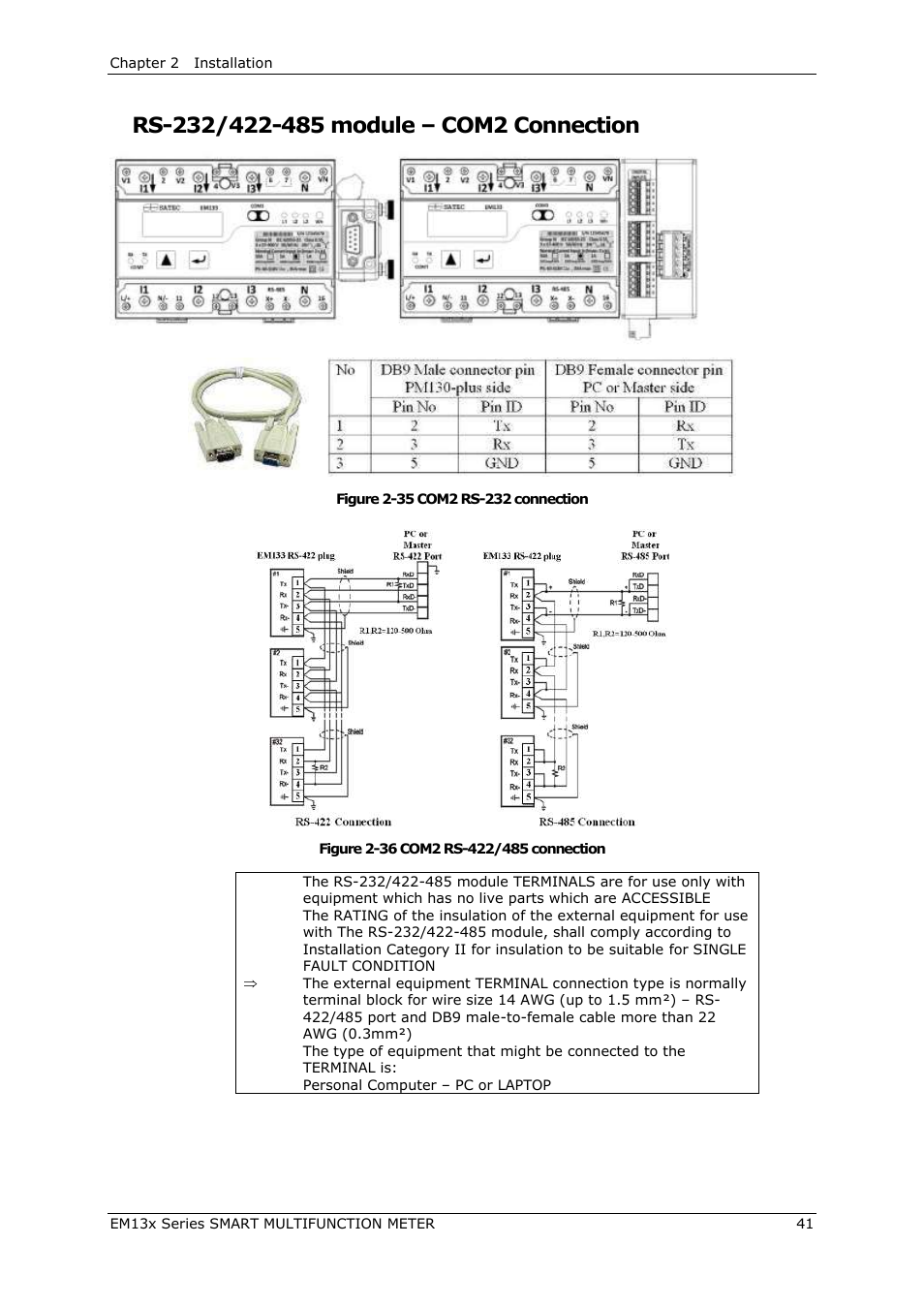 Rs-232/422-485 module – com2 connection | SATEC EM132-133 Manual User Manual | Page 41 / 152