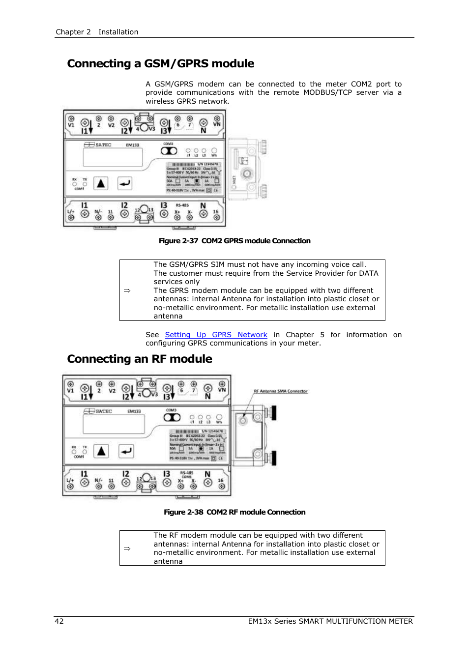 Connecting a gsm/gprs module, Connecting an rf module | SATEC EM132-133 Manual User Manual | Page 42 / 152