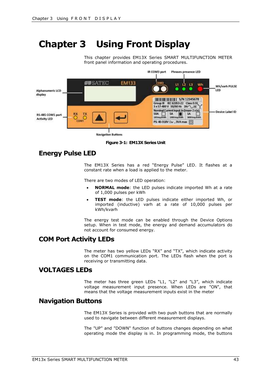 Chapter 3, Using front display, Energy pulse led | Com port activity leds, Voltages leds, Navigation buttons, Chapter 3 using front display | SATEC EM132-133 Manual User Manual | Page 43 / 152