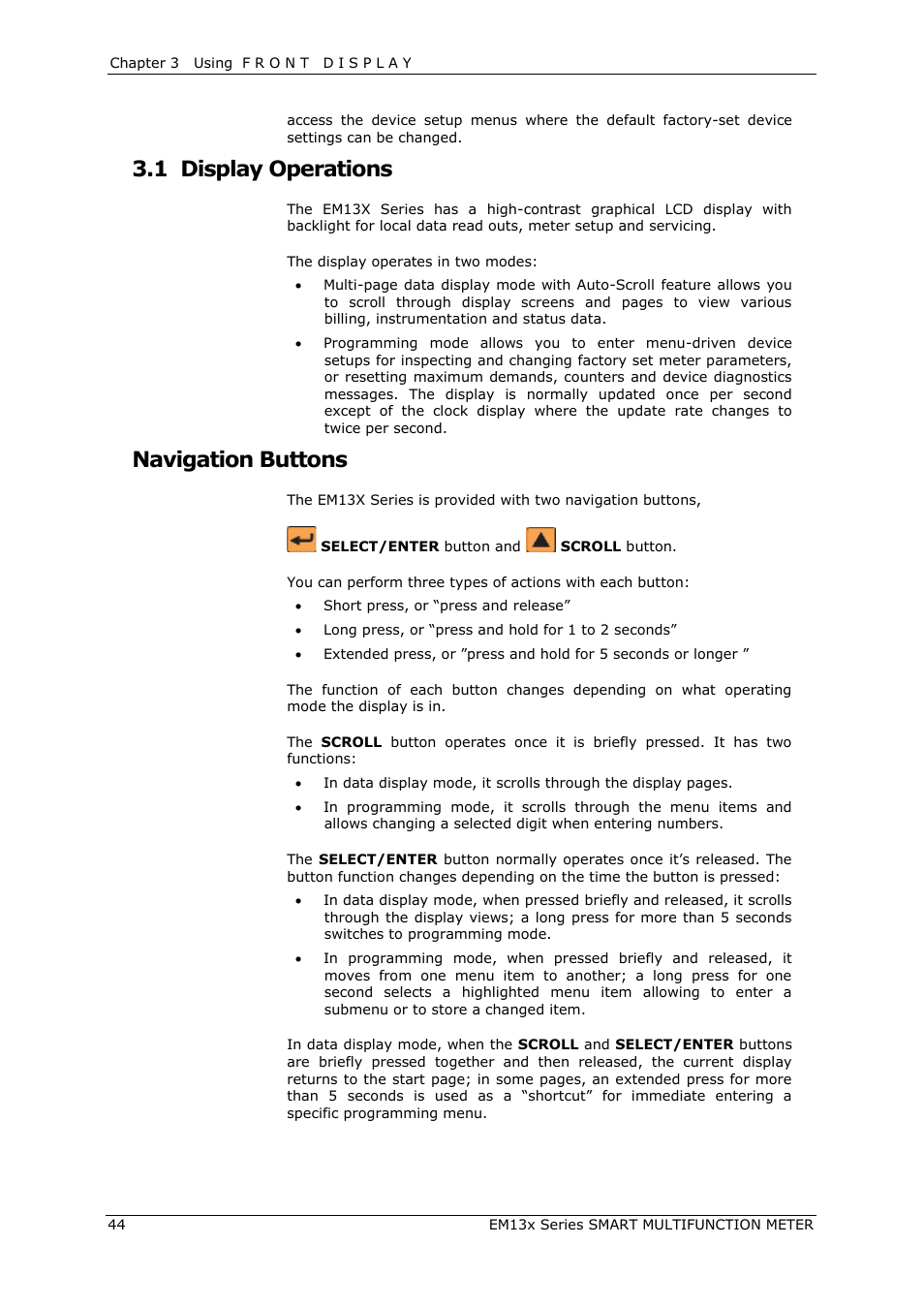 Display operations, Navigation buttons, 1 display operations | SATEC EM132-133 Manual User Manual | Page 44 / 152
