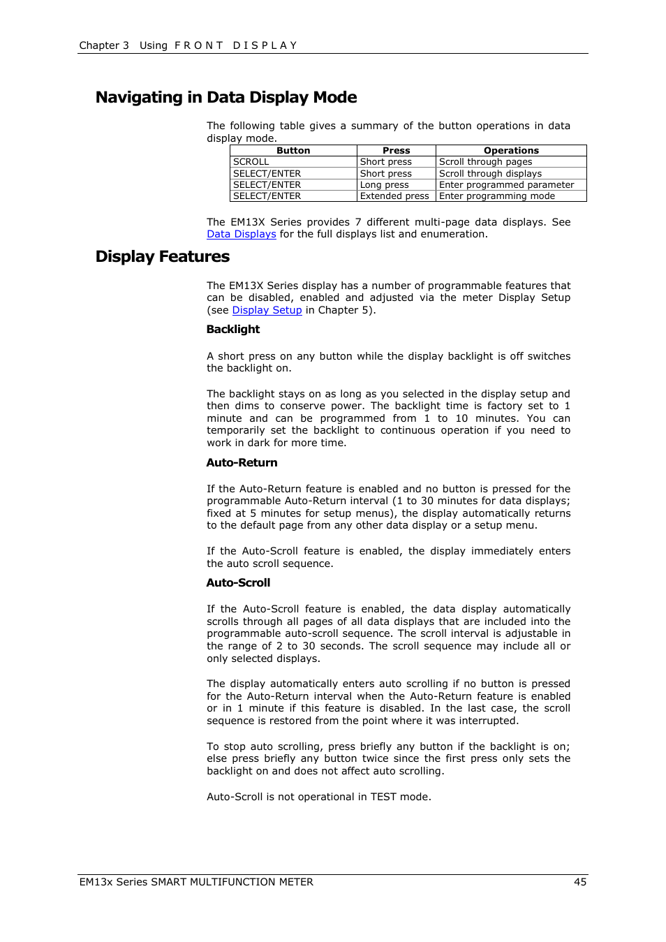 Navigating in data display mode, Display features | SATEC EM132-133 Manual User Manual | Page 45 / 152