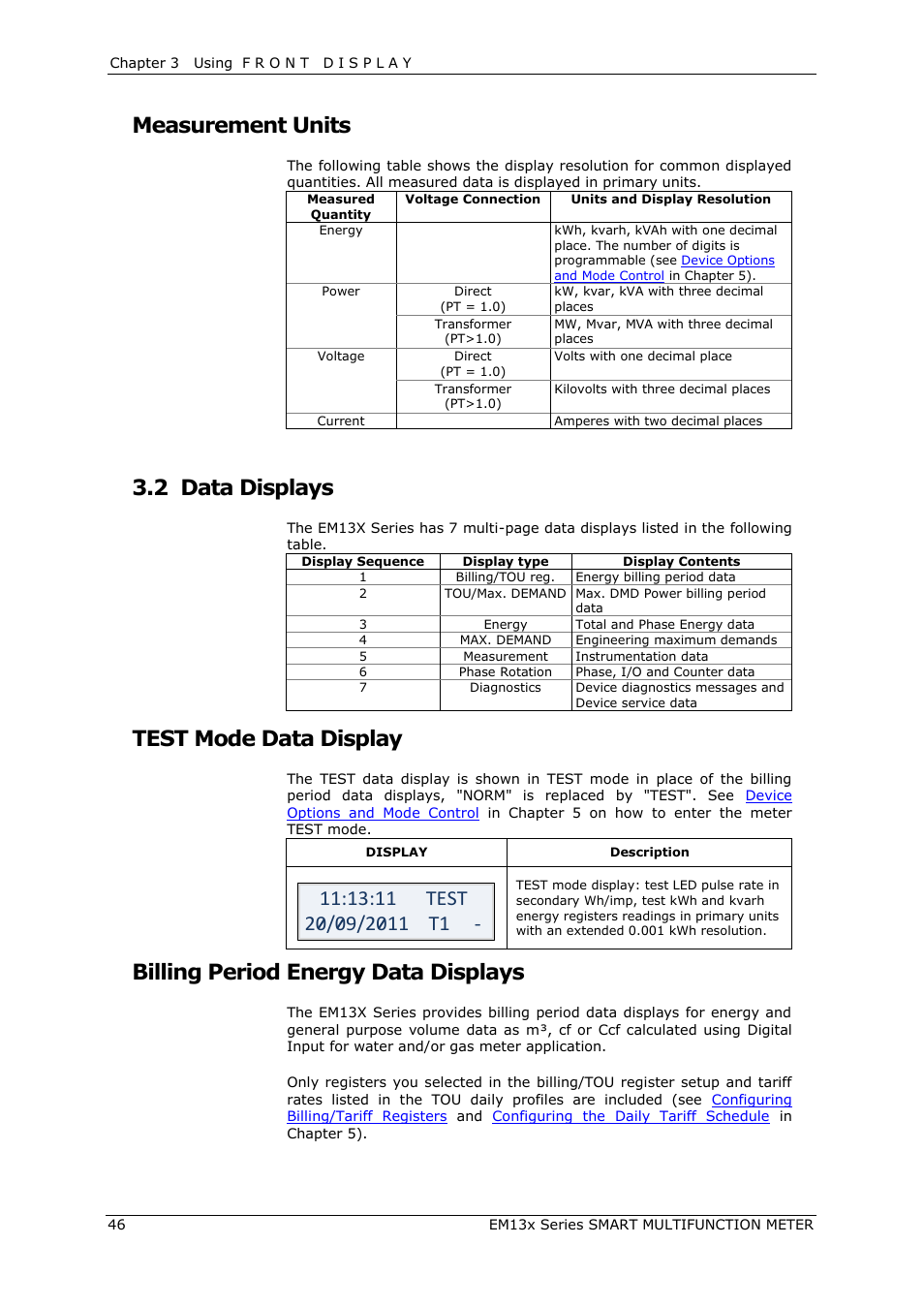 Measurement units, Data displays, Test mode data display | Billing period energy data displays, 2 data displays | SATEC EM132-133 Manual User Manual | Page 46 / 152