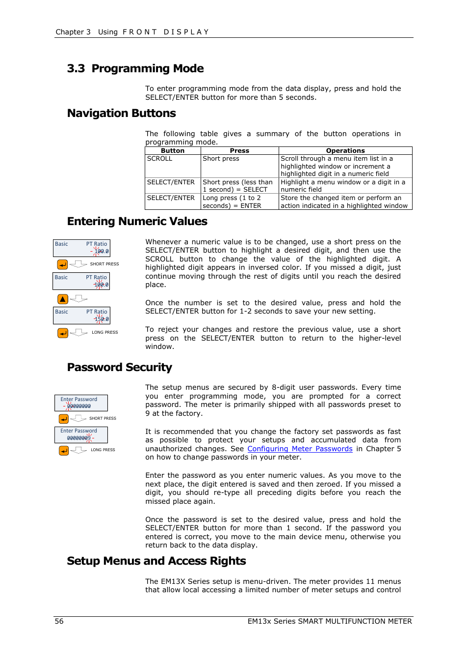 Programming mode, Navigation buttons, Entering numeric values | Password security, Setup menus and access rights, 3 programming mode | SATEC EM132-133 Manual User Manual | Page 56 / 152