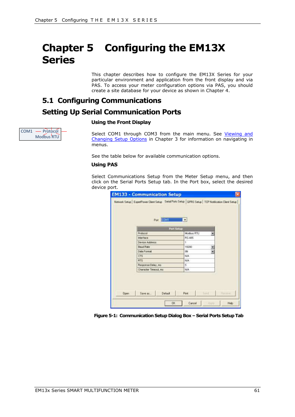 Chapter 5, Configuring the em13x series, Configuring communications | Setting up serial communication ports, Chapter 5 configuring the em13x series | SATEC EM132-133 Manual User Manual | Page 61 / 152