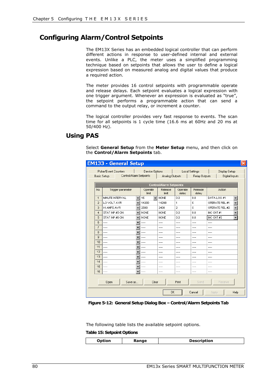 Configuring alarm/control setpoints, Configuring, Alarm/control setpoints | Using pas | SATEC EM132-133 Manual User Manual | Page 80 / 152