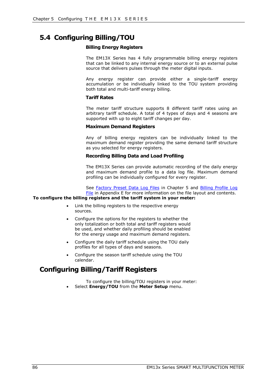 Configuring billing/tou, Configuring billing/tariff registers, Configuring | Billing/tariff registers, 4 configuring billing/tou | SATEC EM132-133 Manual User Manual | Page 86 / 152