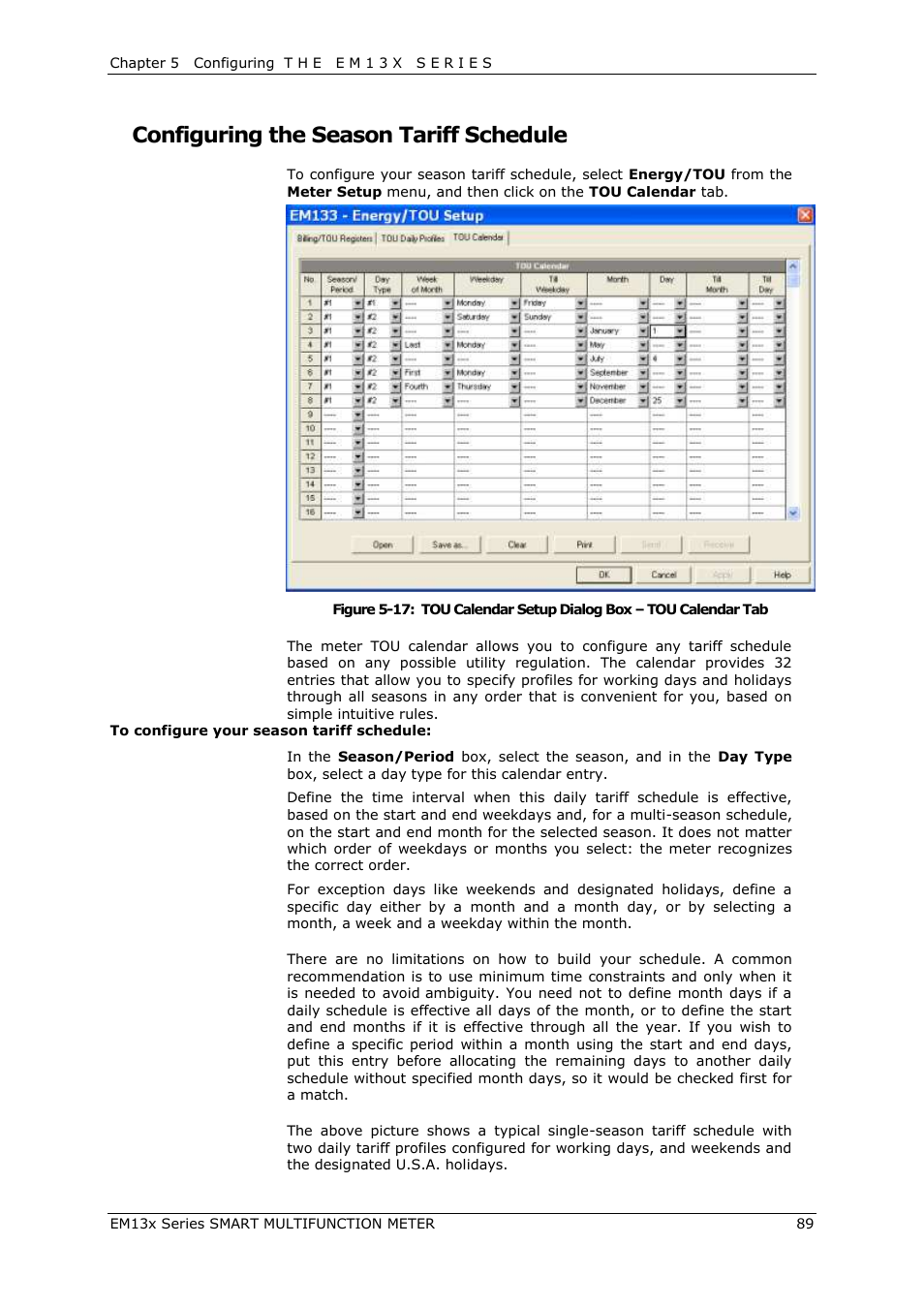 Configuring the season tariff schedule | SATEC EM132-133 Manual User Manual | Page 89 / 152