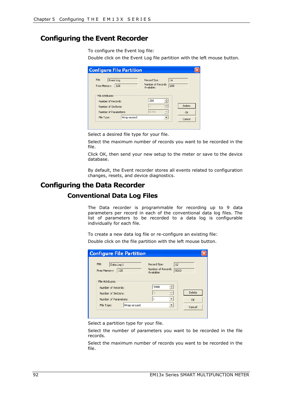 Configuring the event recorder, Configuring the data recorder, Conventional data log files | SATEC EM132-133 Manual User Manual | Page 92 / 152