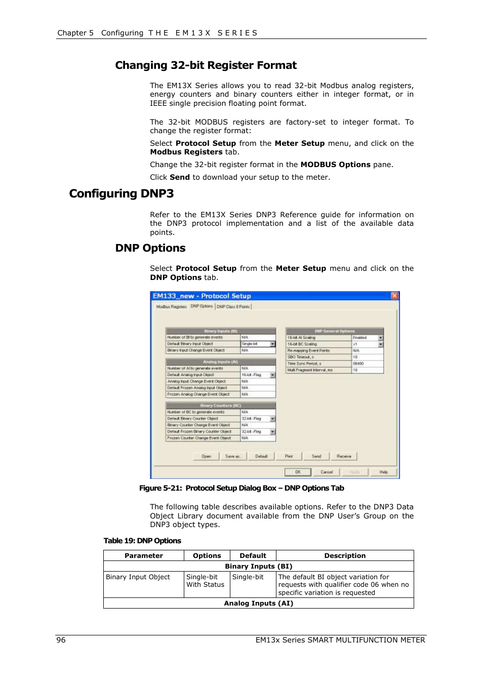 Configuring dnp3, Changing 32-bit register format, Dnp options | SATEC EM132-133 Manual User Manual | Page 96 / 152