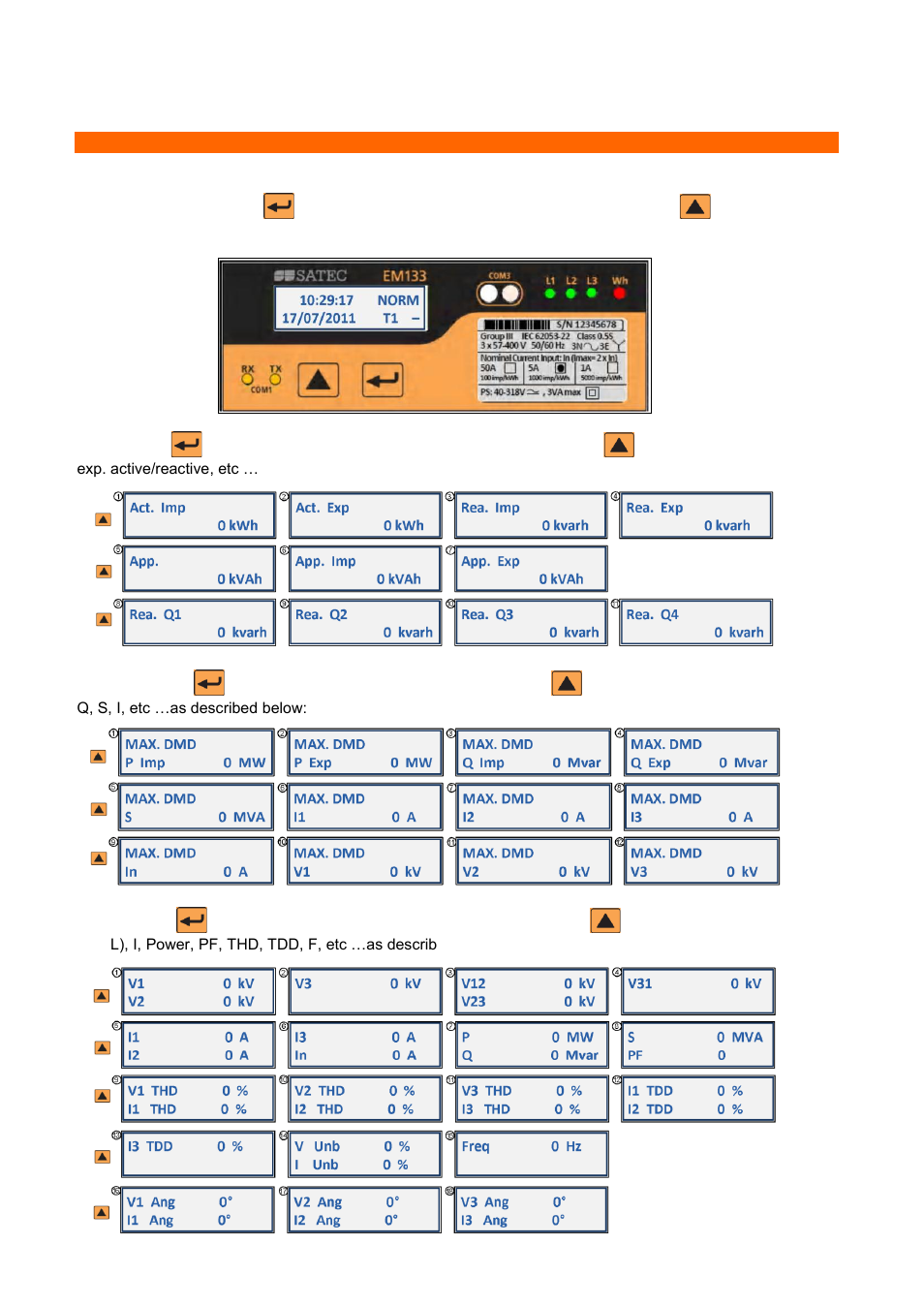 Data display, Navigating in display mode | SATEC EM132-133 Quick Start User Manual | Page 8 / 10